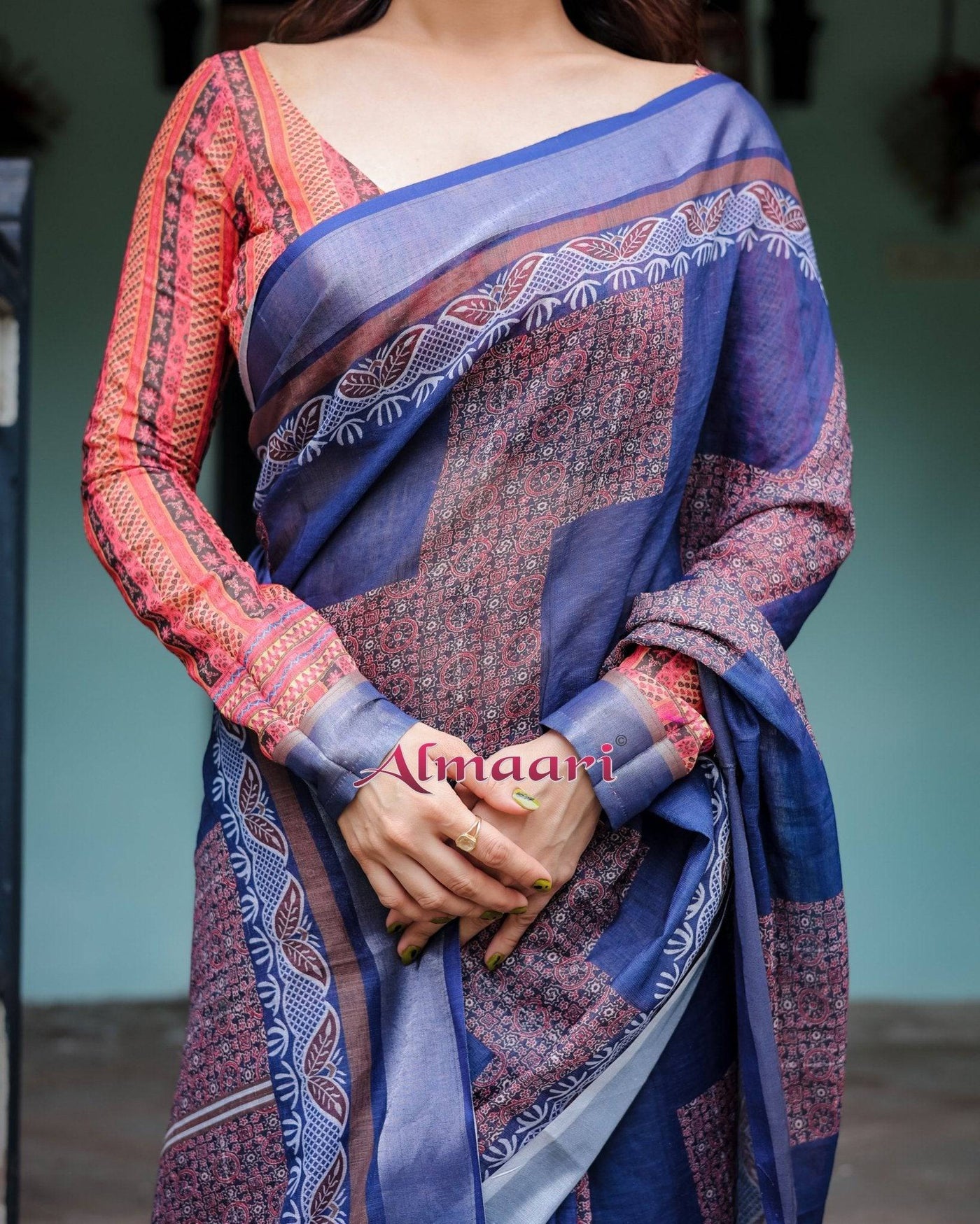 Navy Blue & Red Pure Cotton Linen Saree with Blouse and Tassels on Edges