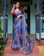 Navy Blue & Red Pure Cotton Linen Saree with Blouse and Tassels on Edges