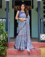 Elegant Blue Pure Cotton Linen Saree with Floral Pattern, Blouse, and Tassels on Edges