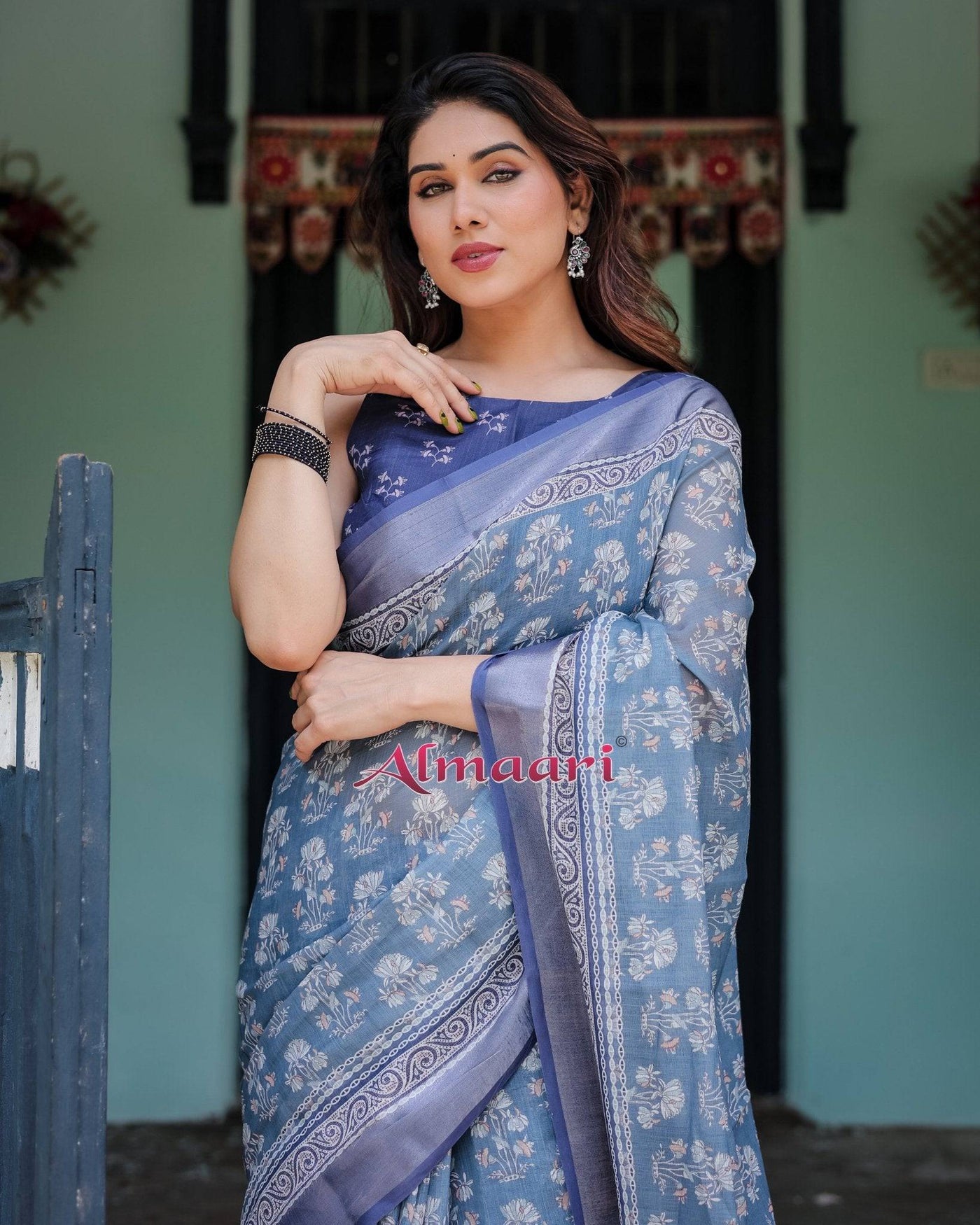 Elegant Blue Pure Cotton Linen Saree with Floral Pattern, Blouse, and Tassels on Edges