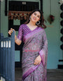 Elegant Purple Cotton Linen Saree with Geometric Motif and Blouse