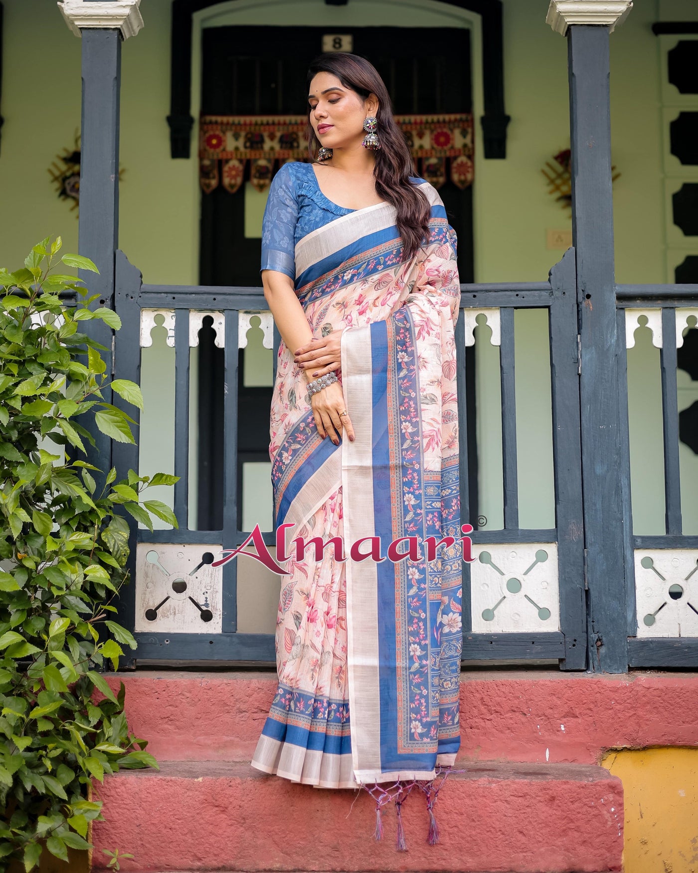 Pure Cotton Linen Saree with Blue Floral Border and Pink Leaf Design with Tassels on Edges