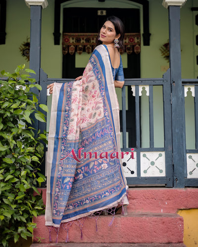 Pure Cotton Linen Saree with Blue Floral Border and Pink Leaf Design with Tassels on Edges