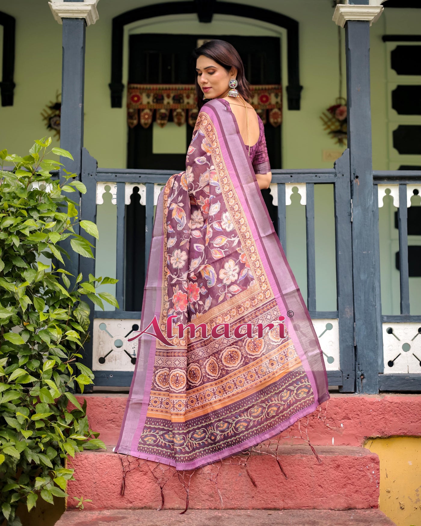 Purple Floral Printed Pure Cotton Linen Saree with Blouse and Tassels