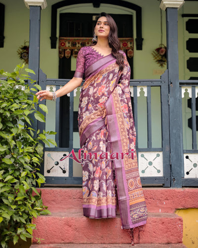 Purple Floral Printed Pure Cotton Linen Saree with Blouse and Tassels