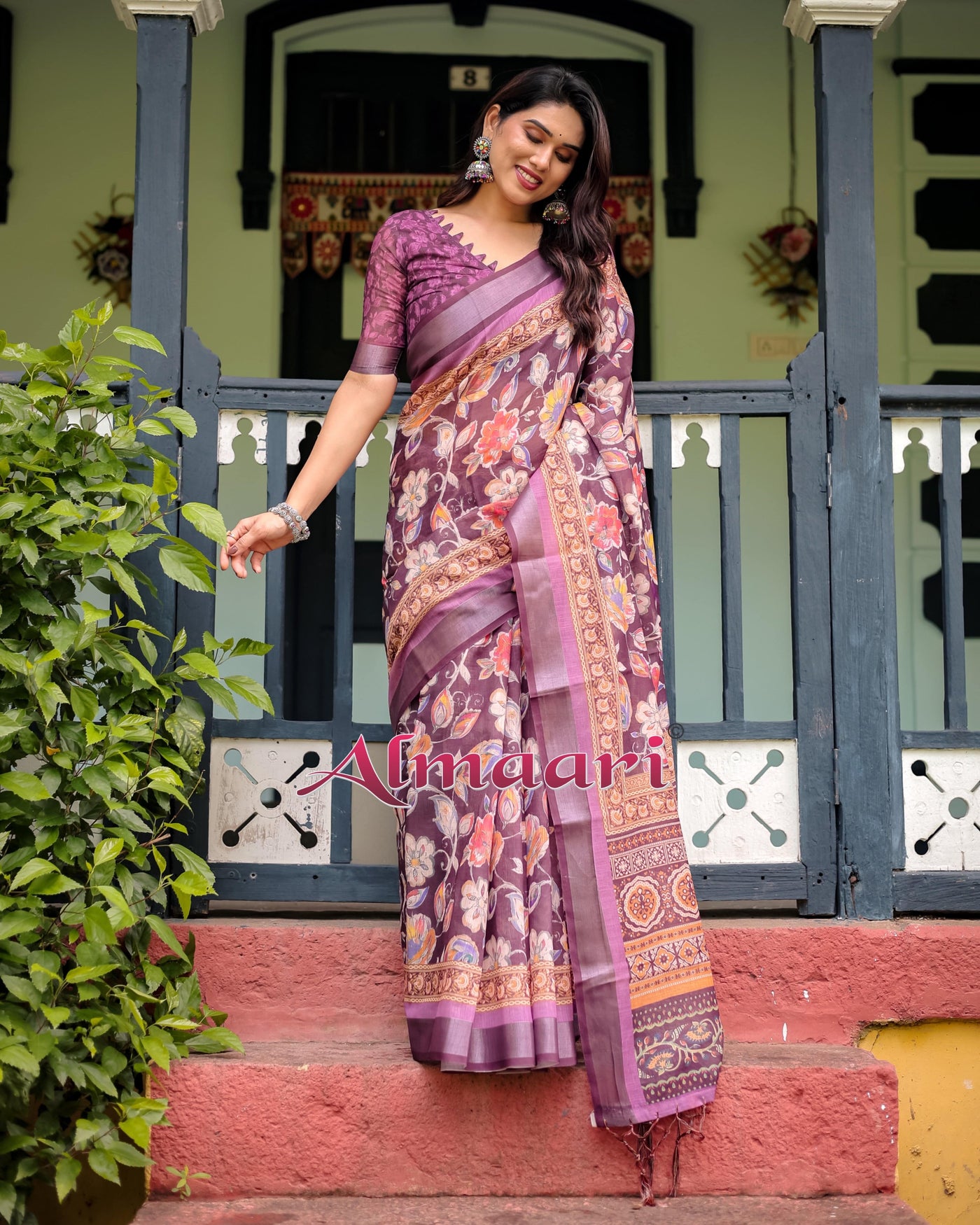 Purple Floral Printed Pure Cotton Linen Saree with Blouse and Tassels