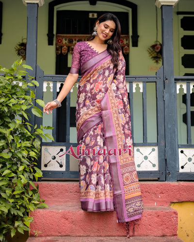 Purple Floral Printed Pure Cotton Linen Saree with Blouse and Tassels