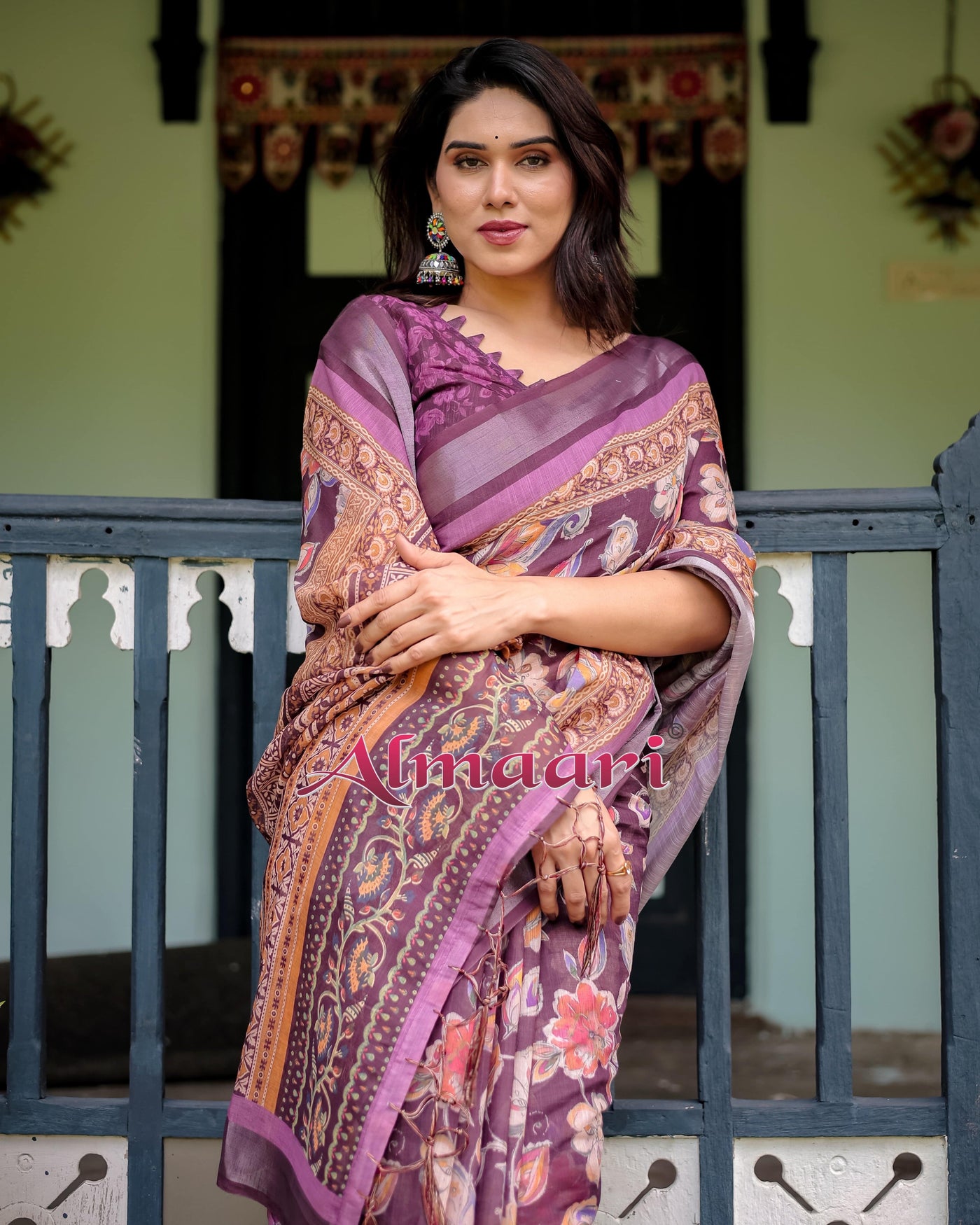 Purple Floral Printed Pure Cotton Linen Saree with Blouse and Tassels