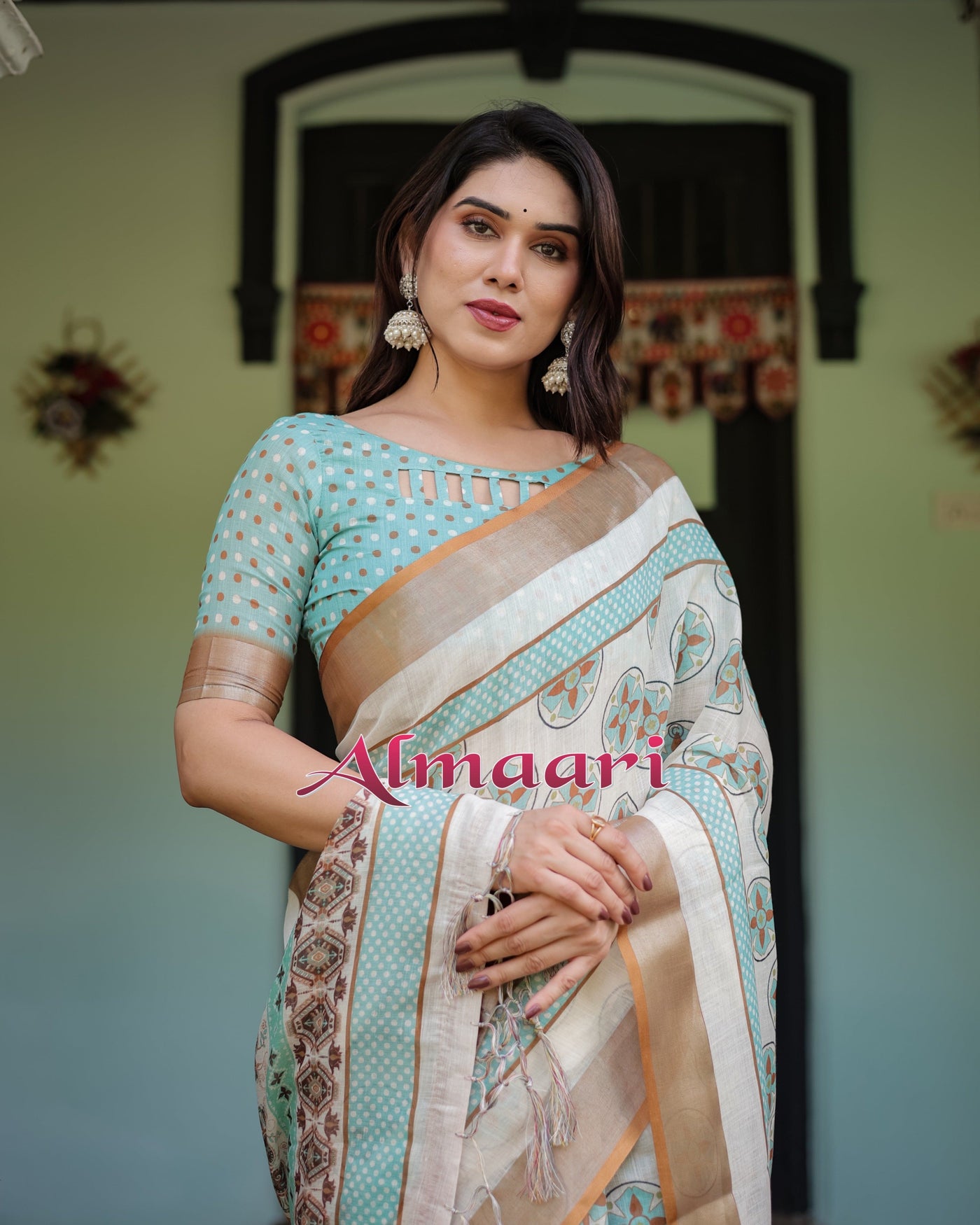 Beige With Aqua Pure Cotton Linen Saree with Geometric Floral Design and Tassels on Edges