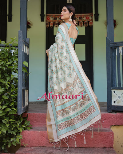 Beige With Aqua Pure Cotton Linen Saree with Geometric Floral Design and Tassels on Edges