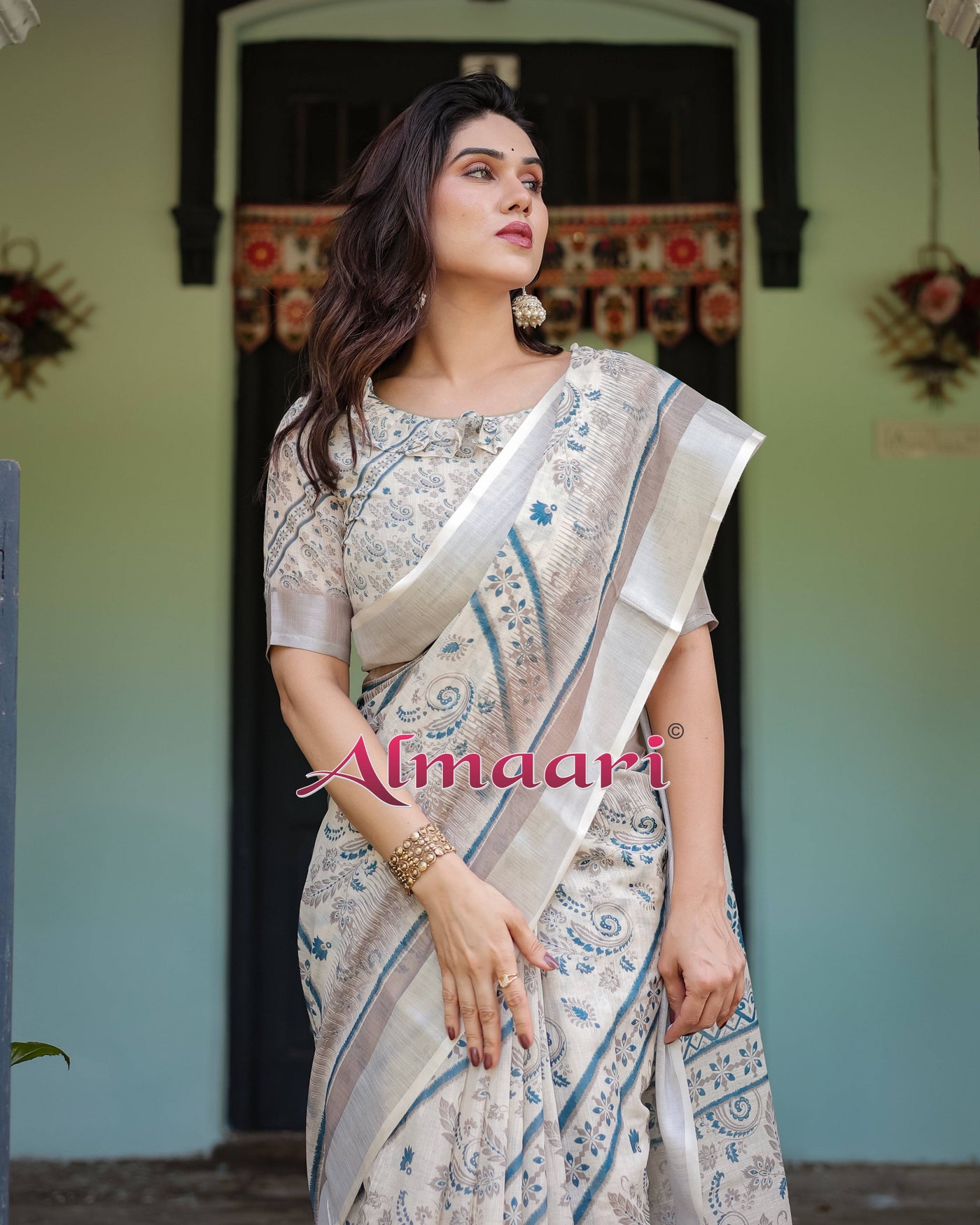 Beige and Blue Floral Printed Pure Cotton Linen Saree with Blouse and Tassels