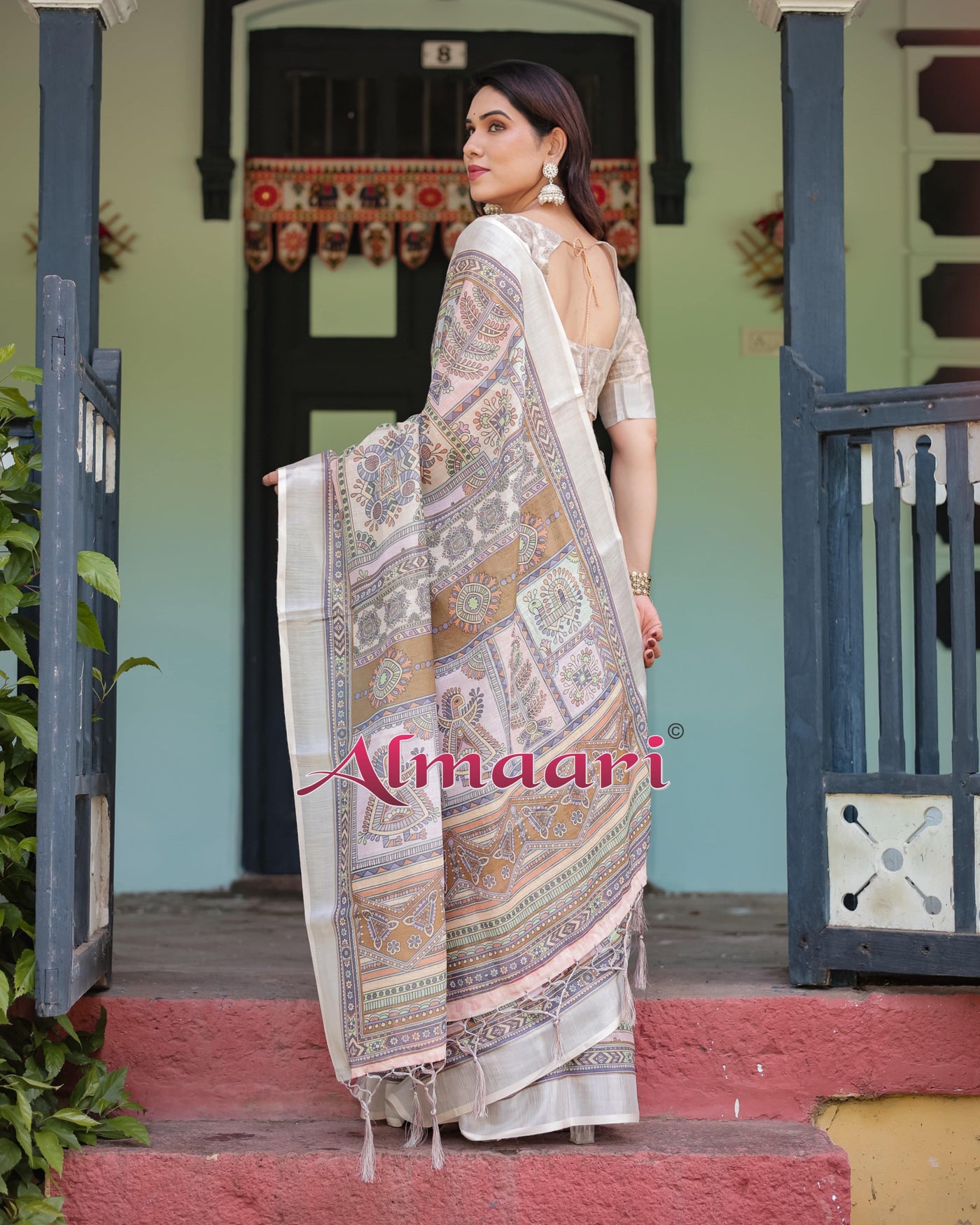 Cream and Pastel Multicolour Printed Pure Cotton Linen Saree with Blouse and Tassels on Edges