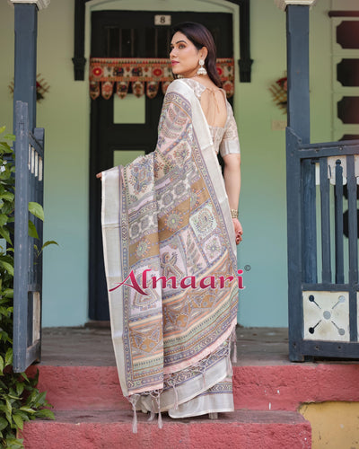 Cream and Pastel Multicolour Printed Pure Cotton Linen Saree with Blouse and Tassels on Edges