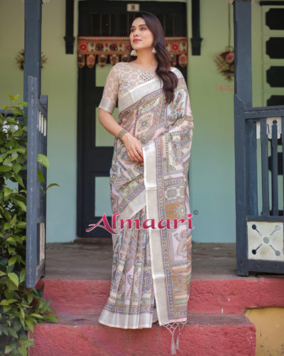 Cream and Pastel Multicolour Printed Pure Cotton Linen Saree with Blouse and Tassels on Edges