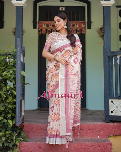 Cream and Maroon Geometric Printed Pure Cotton Linen Saree with Blouse and Tassels