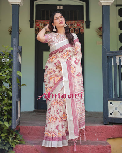 Cream and Maroon Geometric Printed Pure Cotton Linen Saree with Blouse and Tassels