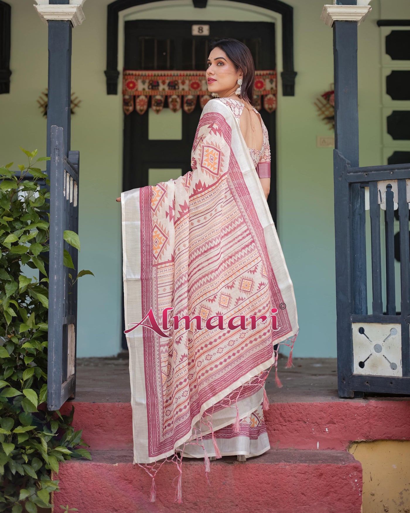 Cream and Maroon Geometric Printed Pure Cotton Linen Saree with Blouse and Tassels