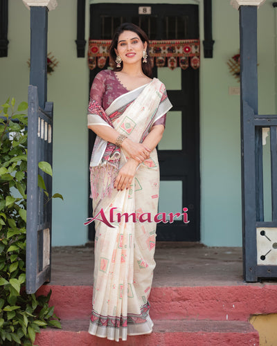 Off-white Pure Cotton Linen Saree with Intricate Geometric Pattern and Tassels on Edges