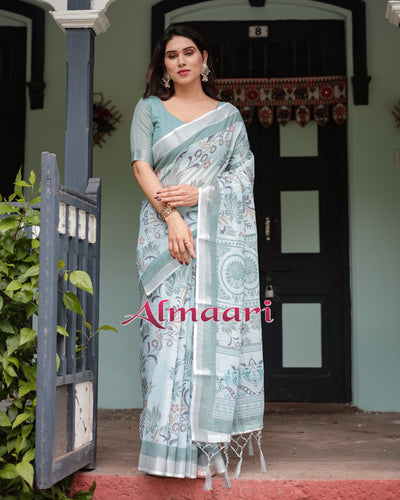 Mint Green Floral Pure Cotton Linen Saree with Blouse and Tassels