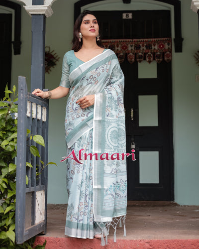 Mint Green Floral Pure Cotton Linen Saree with Blouse and Tassels