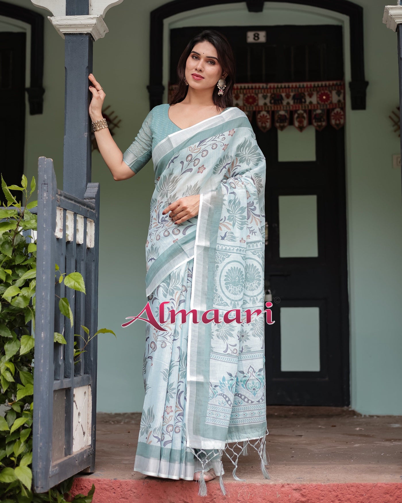 Mint Green Floral Pure Cotton Linen Saree with Blouse and Tassels