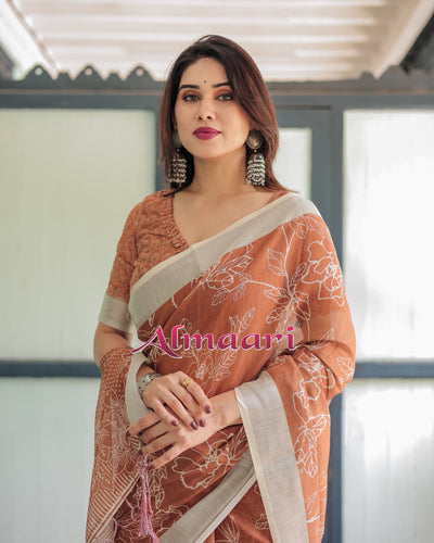 Terracotta Brown Floral Handprinted Pure Cotton Linen Saree with Tassels