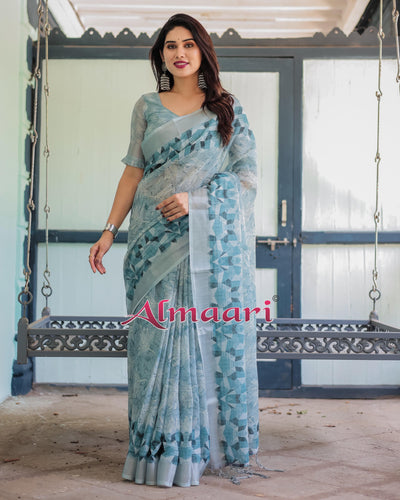 Light Blue Pure Cotton Linen Saree with Geometric and Floral Patterns, Blouse, and Tassels