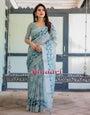 Light Blue Pure Cotton Linen Saree with Geometric and Floral Patterns, Blouse, and Tassels