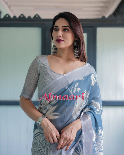 Pastel Blue Floral and Geometric Printed Cotton Linen Saree with Blouse and Tassel Edges