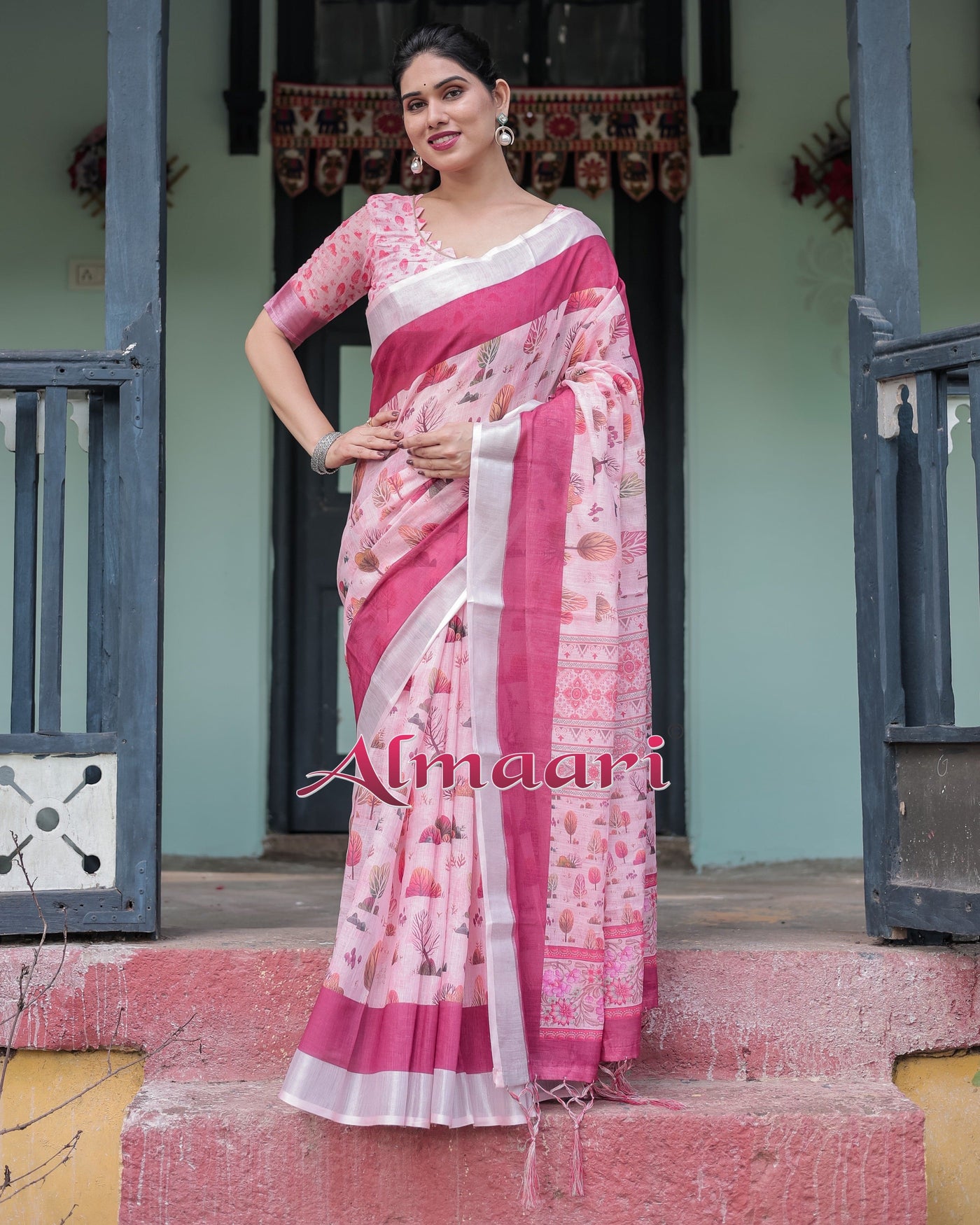 Soft Pink and Magenta Floral & Foliage Print Cotton Linen Saree with Blouse and Tassel Finish