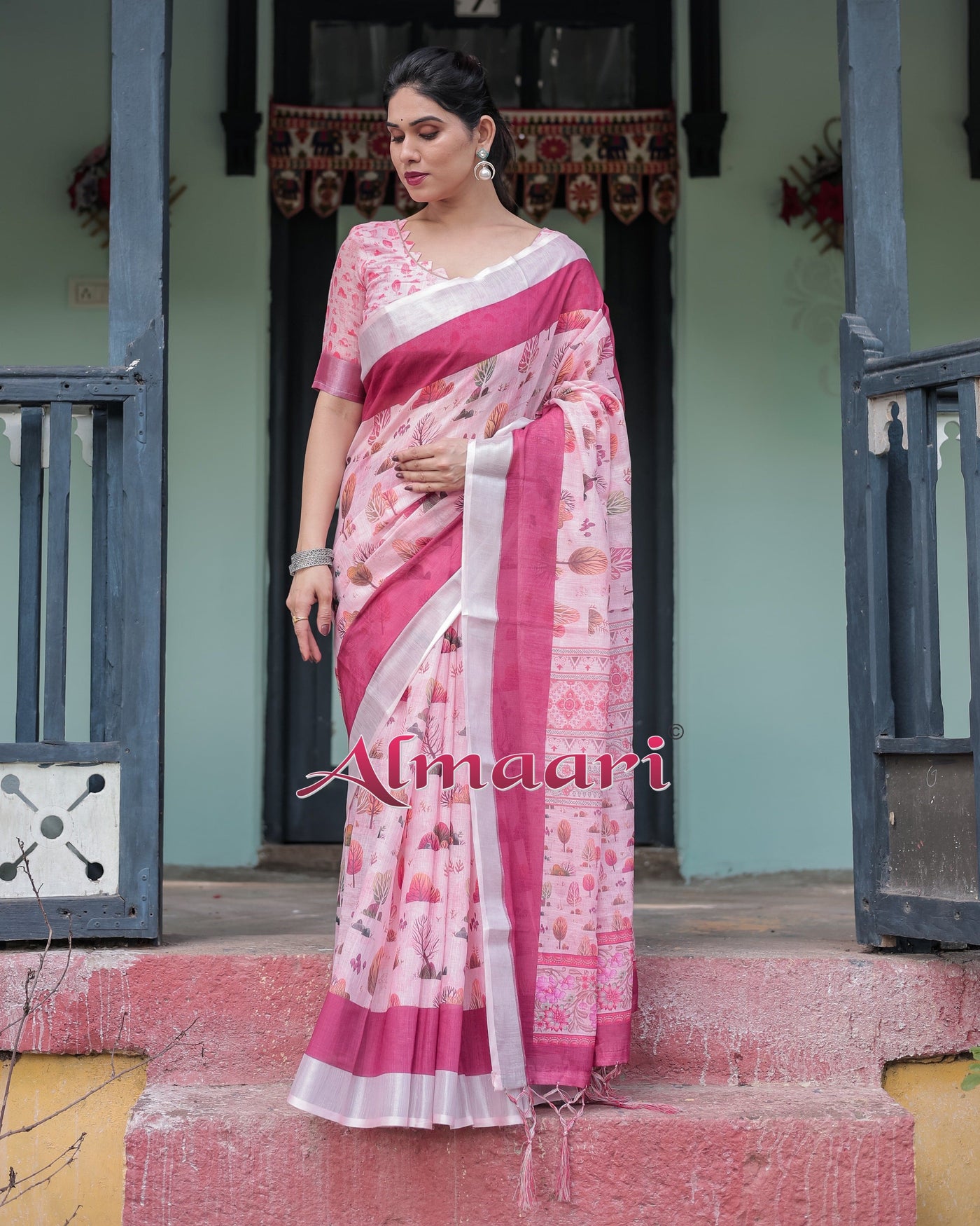 Soft Pink and Magenta Floral & Foliage Print Cotton Linen Saree with Blouse and Tassel Finish