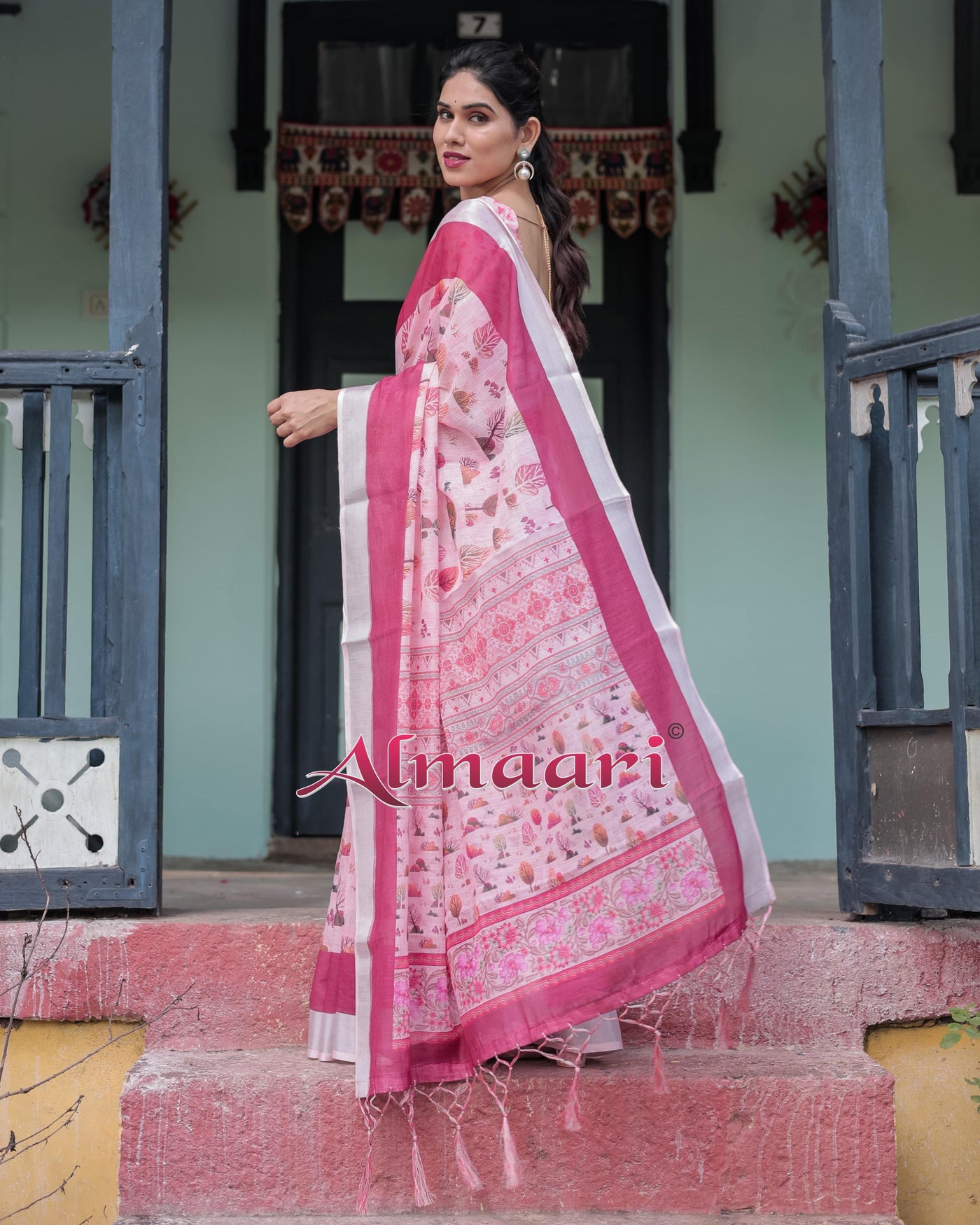 Soft Pink and Magenta Floral & Foliage Print Cotton Linen Saree with Blouse and Tassel Finish