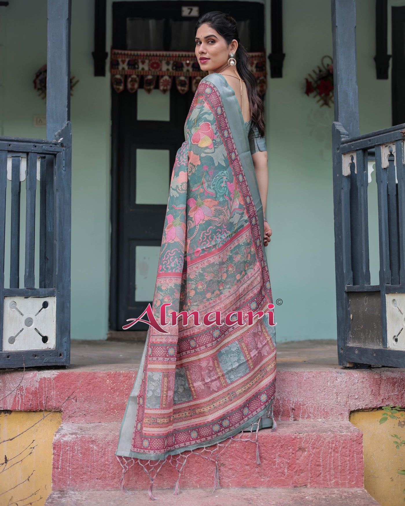 Pink and Maroon Pure Cotton Linen Saree with Blouse and Tassels - Floral Design with Leaf Patterns