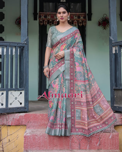 Pink and Maroon Pure Cotton Linen Saree with Blouse and Tassels - Floral Design with Leaf Patterns