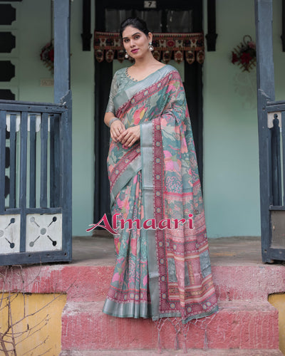 Pink and Maroon Pure Cotton Linen Saree with Blouse and Tassels - Floral Design with Leaf Patterns