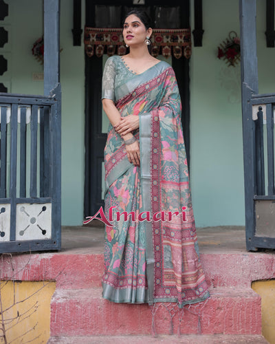 Pink and Maroon Pure Cotton Linen Saree with Blouse and Tassels - Floral Design with Leaf Patterns