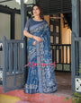 Indigo Blue Pure Cotton Linen Saree with White Floral Pattern, Blouse & Tassel Details