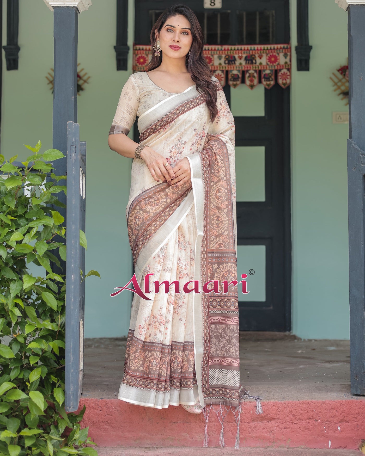 Cream and Brown Floral Print Pure Cotton Linen Saree with Blouse and Tassels on Edges