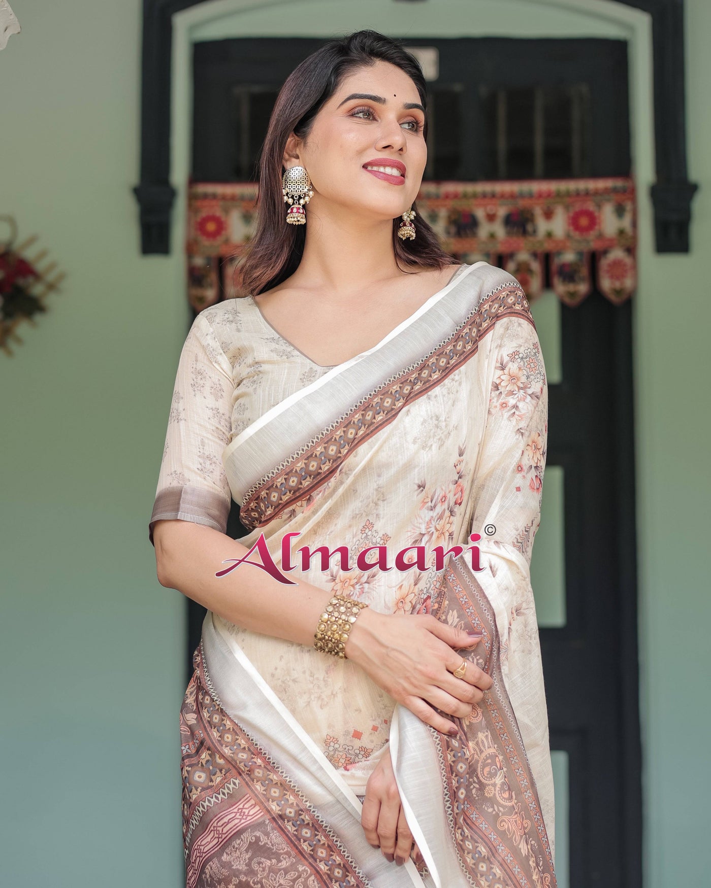 Cream and Brown Floral Print Pure Cotton Linen Saree with Blouse and Tassels on Edges