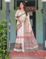 Cream and Brown Floral Print Pure Cotton Linen Saree with Blouse and Tassels on Edges