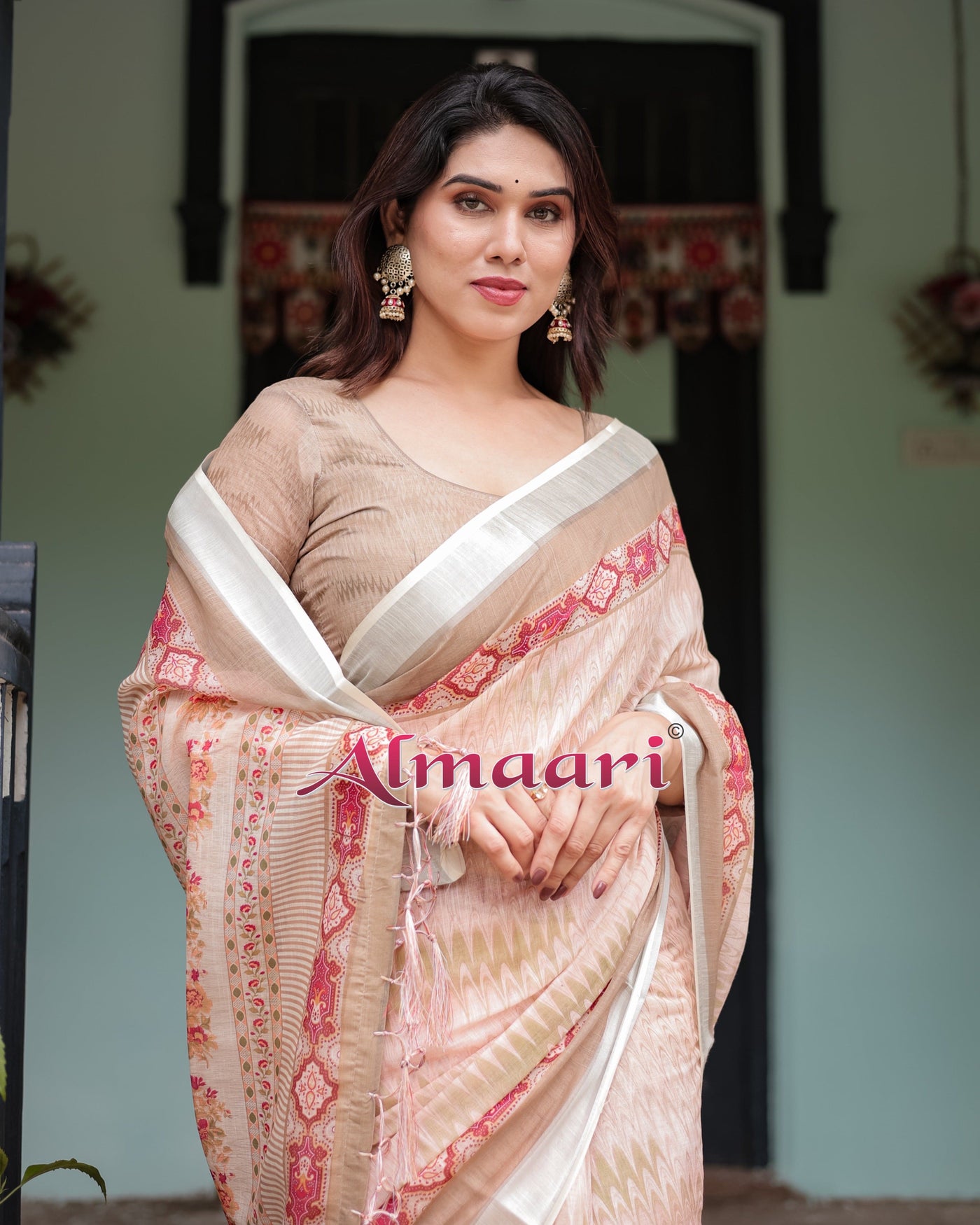 Beige and Pink Floral Printed Pure Cotton Linen Saree with Blouse and Tassels on Edges