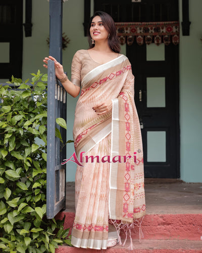 Beige and Pink Floral Printed Pure Cotton Linen Saree with Blouse and Tassels on Edges