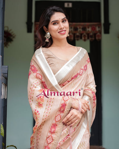 Beige and Pink Floral Printed Pure Cotton Linen Saree with Blouse and Tassels on Edges