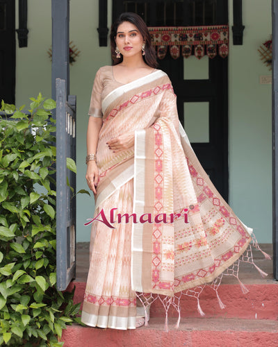 Beige and Pink Floral Printed Pure Cotton Linen Saree with Blouse and Tassels on Edges