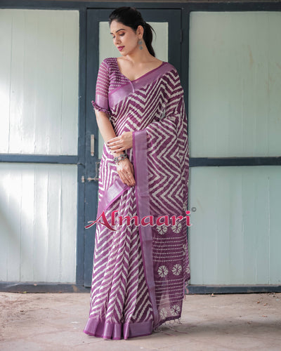 Purple and White Zigzag Patterned Pure Cotton Linen Saree with Blouse and Tassel Edges