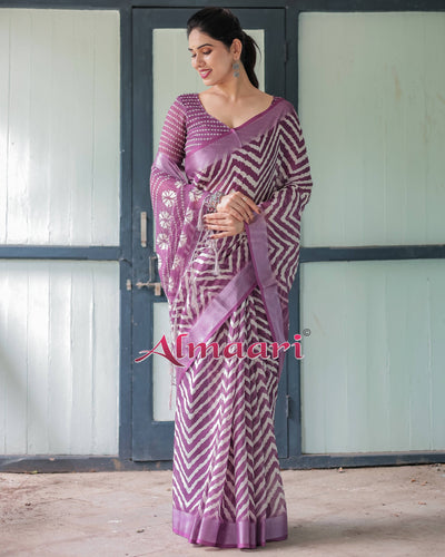 Purple and White Zigzag Patterned Pure Cotton Linen Saree with Blouse and Tassel Edges