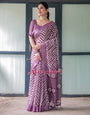 Purple and White Zigzag Patterned Pure Cotton Linen Saree with Blouse and Tassel Edges