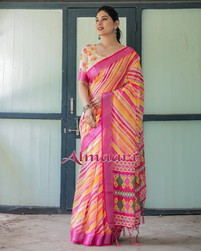 Vibrant Yellow and Pink Ikat Printed Cotton Linen Saree with Blouse and Tassels