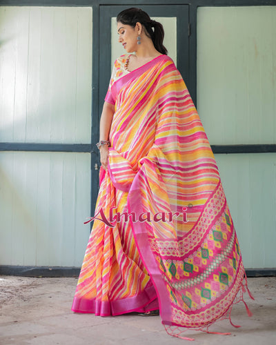 Vibrant Yellow and Pink Ikat Printed Cotton Linen Saree with Blouse and Tassels