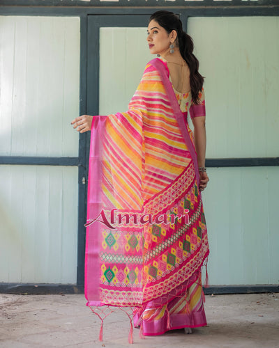 Vibrant Yellow and Pink Ikat Printed Cotton Linen Saree with Blouse and Tassels